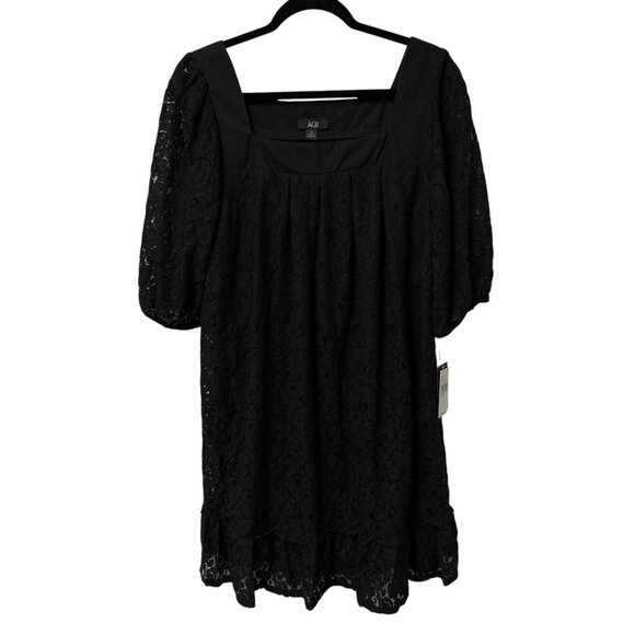 AGB DRESS LACE 3/4 SLEEVE SQUARE NECK BLACK BOHO SHIFT SZ 10 RUFFLE FEMININE NEW - Picture 1 of 9